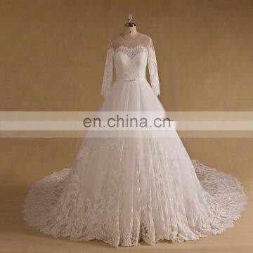 Elegant Long Sleeves Lace Applique Puff Wedding Dress Long Tail