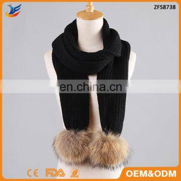 2017 New Year Products Raccoon Fur Pom Pom ladys Knit Scarf Knitted Wool Scarf