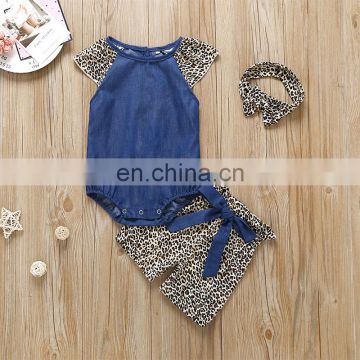 Denim style with leopard printing romper matching leopard shorts and headband 3pcs Baby Girl summer suit