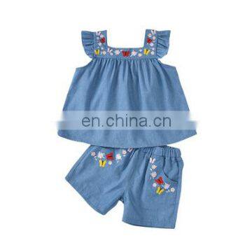 A0172# Clothing set Summer Girl 2PCs Kids Embroidery Flowers Tops + Shorts 2Pcs outfit Child Baby Girls Clothes Set