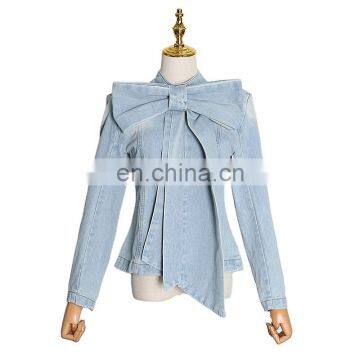 TWOTWINSTYLE Bowknot Denim Shirt For Women Stand Collar Long Sleeve Zipper Casual