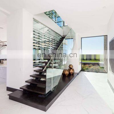 Mono Stringer Stairs Oak Wood Tread Staircase with glass railing