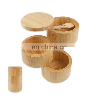 Triple Salt Box Three Tier Bamboo Storage Box with Magnetic Swivel Lids