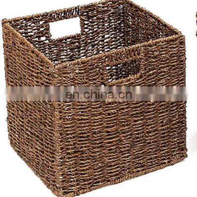 Custom natural wicker storage bins baskets foldable storage basket with wire frame Foldable Storage Basket