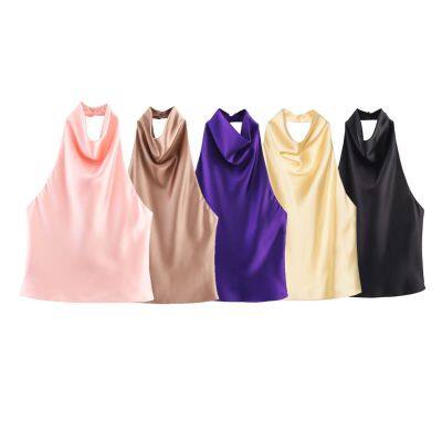 Summer new European and American style women's fashionable and sexy spicy girl silk texture hanging neck top