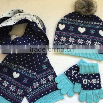 Various design Jacquard fashion winter knitted scarf hat glove sets