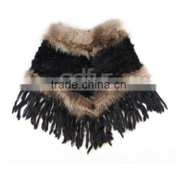 QD200121 Excellent Quality Women Wear Knit Winter Rabbit Fur Ponchos Sale With Raccoon Dog Fur Trim Long Fringes photo-5