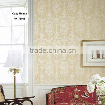 hot embossed non woven wallpaper, vanilla yellow retro damask wall mural for home decorative , moisture-proof wall sticker