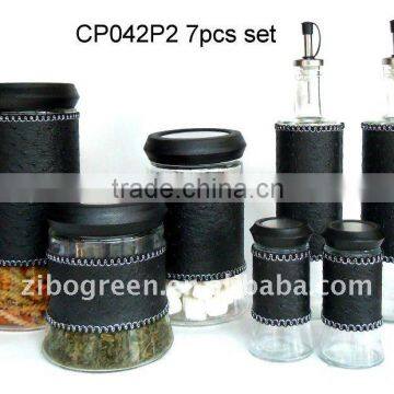 7pcs glass jar set with black leather coating