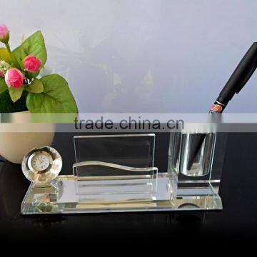 Wholesale crystal name card holder, business card holder with pen holder and desk clock