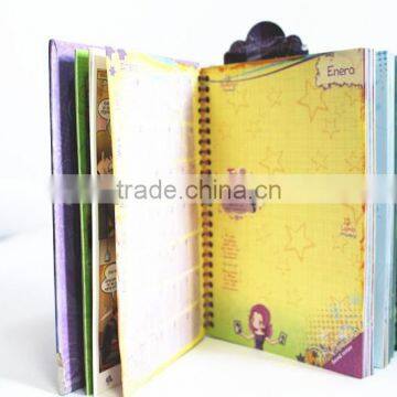hardcover spiral notebook with colored pages and pictures