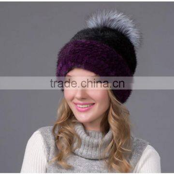 Christmas Decorations knitted mink fur beanie hat purple and black