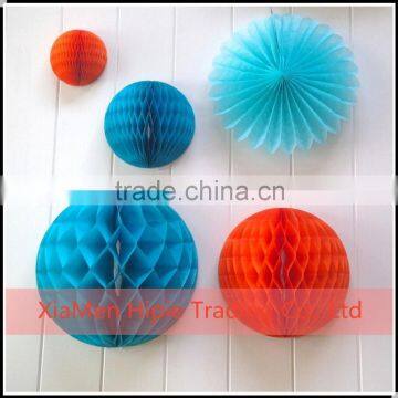 Aqua And OrangeTissue paper honeycomb balls and Hanging Fans wedding decoration