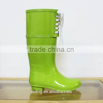 2015 fashion ladies green sexy rain boots with shoe lace