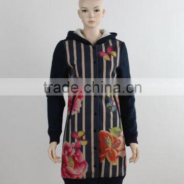 F5W20144 Women Longline Flower Printed Hooded Jacket Coats