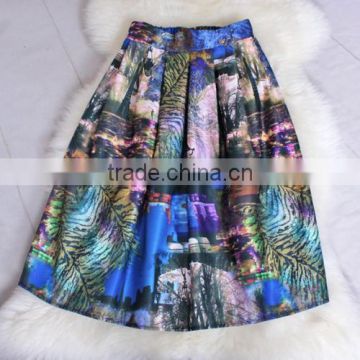 Women Fashion Art Elegant Elastic High Waist Flower Print Pleated A-Line Puff Midi Skirt