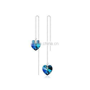 new design long blue crystal heart shape 925 silver drop earring wire chain hanging korea earring wholesale