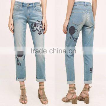 Apparel Woman Casual Mid Rise Light Blue Washed Embroidered Girls Jeans