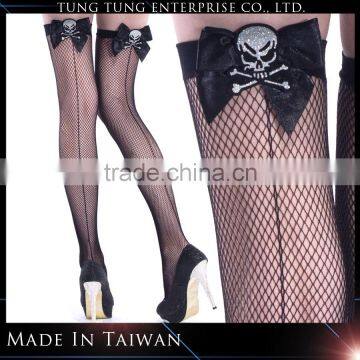 Taiwan Factory Skull with Bows Backseam Fishnet Stockings