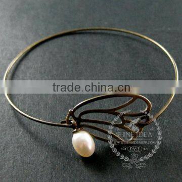 65mm diameter one end open antiqued bronze butterfly wing fresh water pearl charm wiring fashion bangle bracelet 6450048