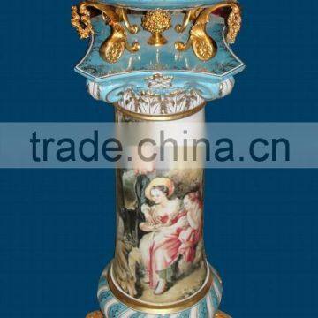 Antique European Small Round Porcelain Table, Hand Painted Ceramic Telephone Table, Home Decorative Gilt Brass Mounted Side Tabl photo-4