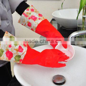 Red Wide Mouth Plus Velvet Long Flower Rubber Gloves Antiskid Household Dishwashing Cleaning Warm Gloves photo-4