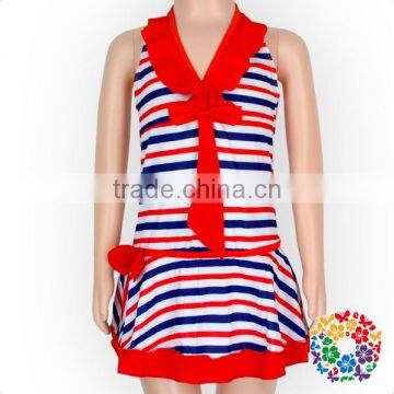 Red & Blue Stripes Print Swimwear Suspender Pattern Bikini Kids Baby Girls Mini Skirt Swimwear