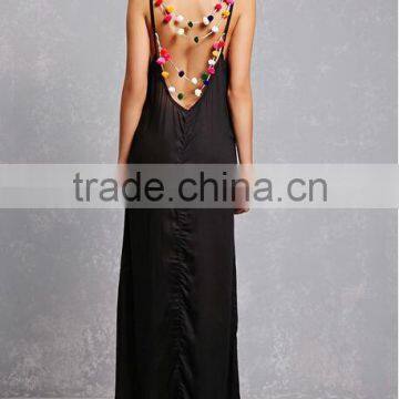 2017 Summer Pom Pom Maxi Beach Dress V Neckline Boho Strap Dress HSd9211 photo-2