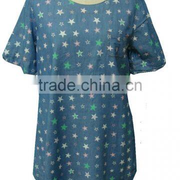 Star Pattern Short Sleeve Round Neck with Pockt Denim Tunic Blouse top