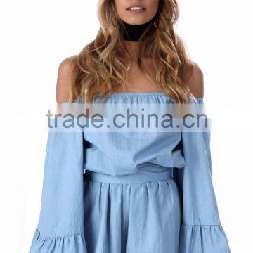 Bell Sleeve Easy Fit Chambray Romper Summer Beach Playsuit photo-2