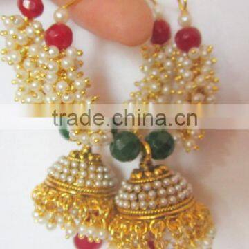 Red Green Pearl Hoop Bollywood Gold Tone Dangler Jhumka EARRINGS photo-2