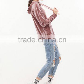 MGOO Oversized Women Pink Drop Shoulder Zip Slit Side Velvet Hoodie With Drawstrings Plain Pullover photo-6