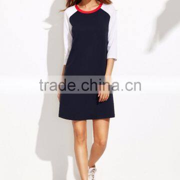 Navy Contrast Raglan Sleeve T Shirt Dress 95% Cotton 5% Spandex Casual Plain Short Tee Dress photo-2