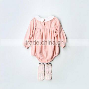 Baby Boutique Clothes Soft Infant Soild Pink Long Sleeve Bodysuit Baby Girls White Peter Pan Collar Romper Jumpsuit