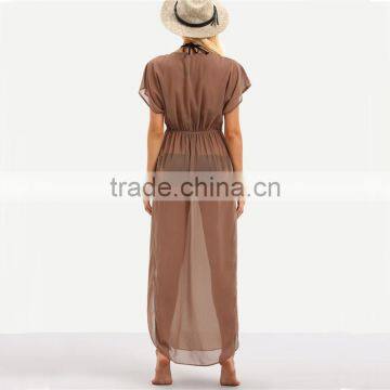 Latest Design Ladies Brown Drawstring Waist V Neck Split Dresses Summer Beach Wear Sexy Short Sleeve Long Maxi Dress photo-2