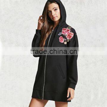 High Quality Windproof Blcak Embroidered Floral Hoodie Womens Long Jackets photo-2