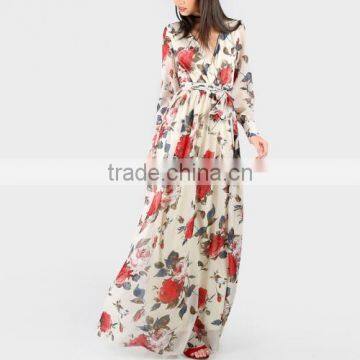 One-piece Dress deep V printed floral beige Chiffon Dress