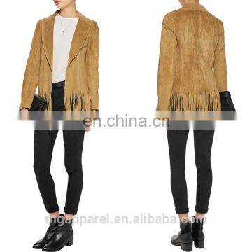 newest hot selling cheap women fashion fringed trim jackets suede leather blazer jacket