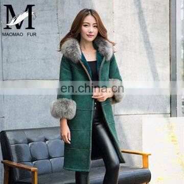 Cool Design Women Sheepskin Jacket With Big Raccoon Fur Collar Real Leather Double Face Jacket