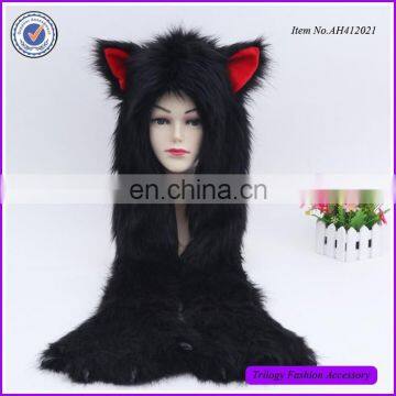 Plain Black Funny Adult Fur Hooded Scarf Animal Hat With Ear