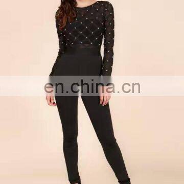 2016 new black red long sleeves mesh studded bandage jumpsuits wholesale dropshipping beaded jumpsuits