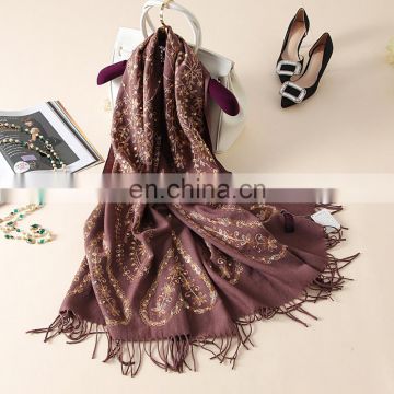 Stole elegent embroidered glitter paillette tassels pashmina wool shawl scarf