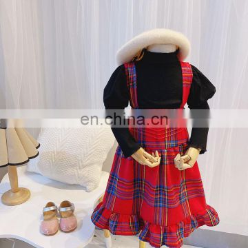 Plaid suspender skirt Western style 2020 autumn new retro puff sleeve long sleeve girls fashionable Korean children's skirt