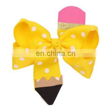 Free 6''*4.5" Pencil Print Hair Bows for Girls Back to School Supplier Hairgrips Pen Quality Ribbon Bows Clips Kids Headwear