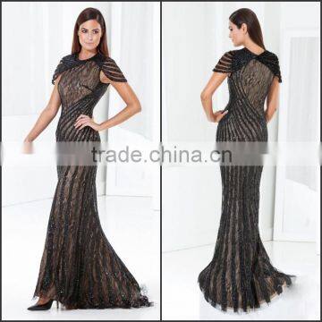 2015 New Arrive Elegant and Royal Evening Dress with Lace and Beading High Quality O-Neck and Short Sleeve Evening Dress