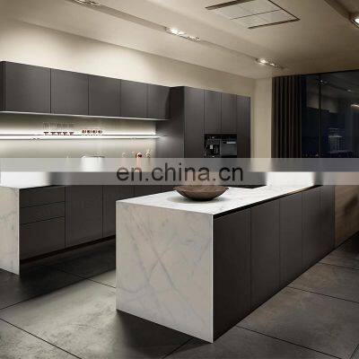 Handle Free Modern Design Black Matt Finish Lacquer Kitchen Cabinet With Marble Counter Island photo-3