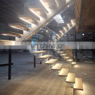 Interior staircase wooden straight / spiral staircase carbon steel handrail stairs with LED lights