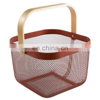 New Manufacture Hot Selling Popular Metal WireIron Big Size White Picnic Fruit Basket With Wood Handle Home Kitchen Storage photo-2
