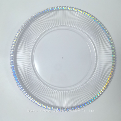 Factory Price Round Clear Plastic Gold Silver Magic Colored Rim Clear Glass Plates Wedding Luxury Decorations