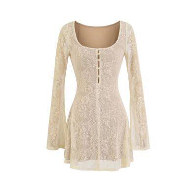 French-style Retro Hollow Lace Long-sleeve Dress for Women, Sweet and Slightly Sexy, Waist-cinching Short Skirt With U-neck, Button-down A-line Dress